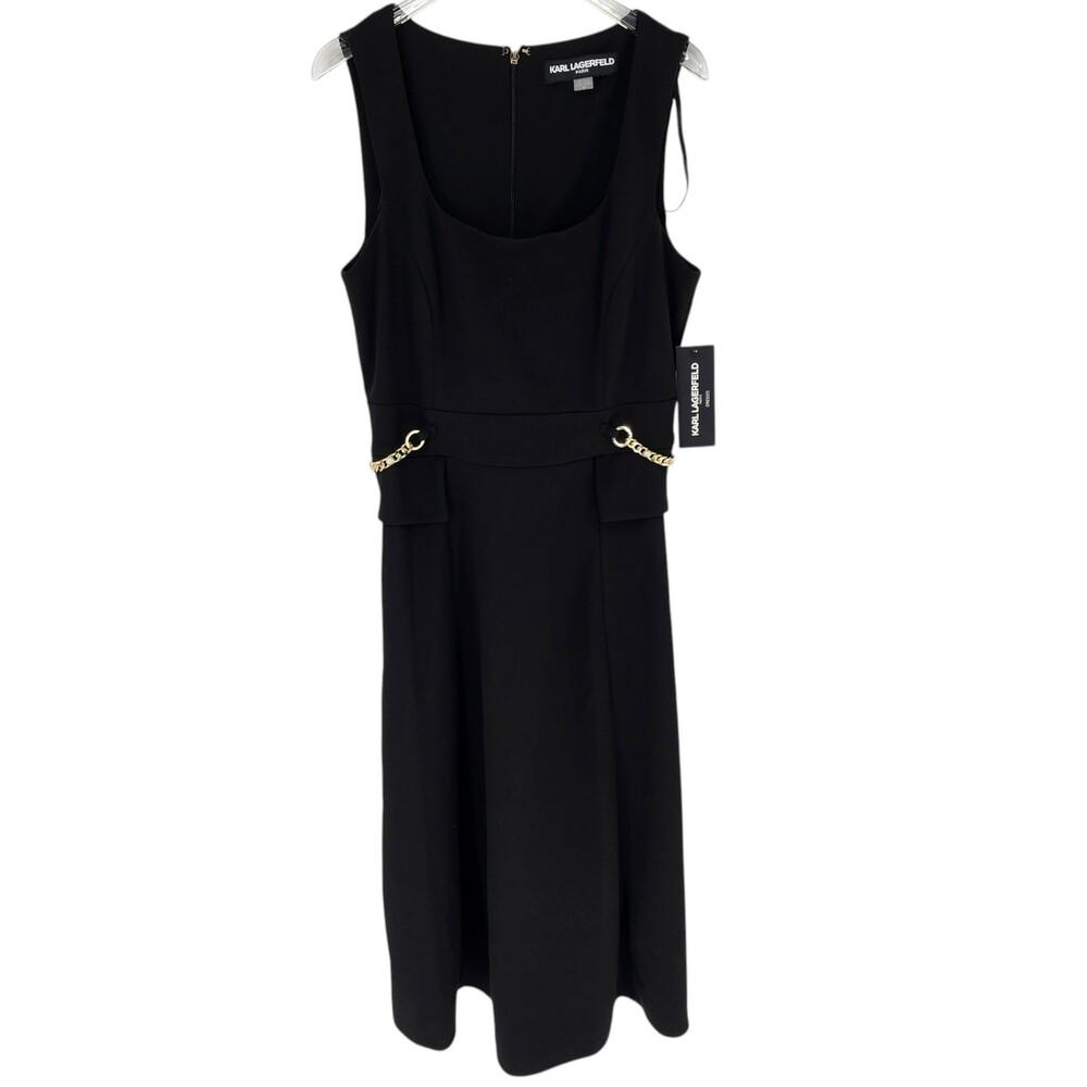 Karl Lagerfeld Black Sleeveless Dress Size 4 Gold Chain Waist Detail